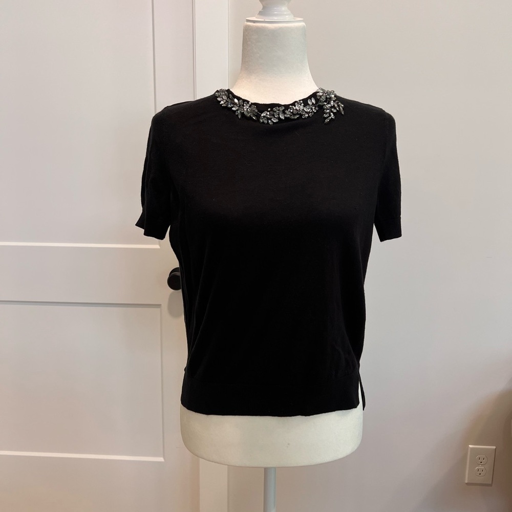 Magaschoni Black Short Sleeve Top with Embellished Neckline